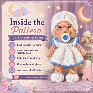 May include: A crochet doll with tan skin, wearing a white ribbed hat, a white dress with blue trim, and white shoes, featuring a blue and white dummy. The text reads: Inside the Pattern, Build the doll step by step, and Easy-to-follow photo guidance.