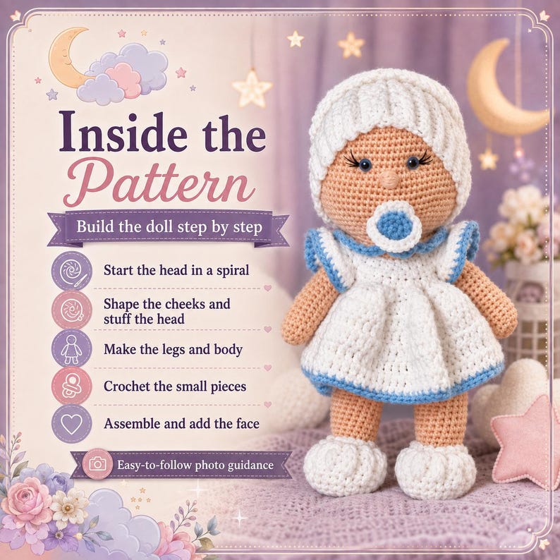 May include: A crochet doll with tan skin, wearing a white ribbed hat, a white dress with blue trim, and white shoes, featuring a blue and white dummy. The text reads: Inside the Pattern, Build the doll step by step, and Easy-to-follow photo guidance.