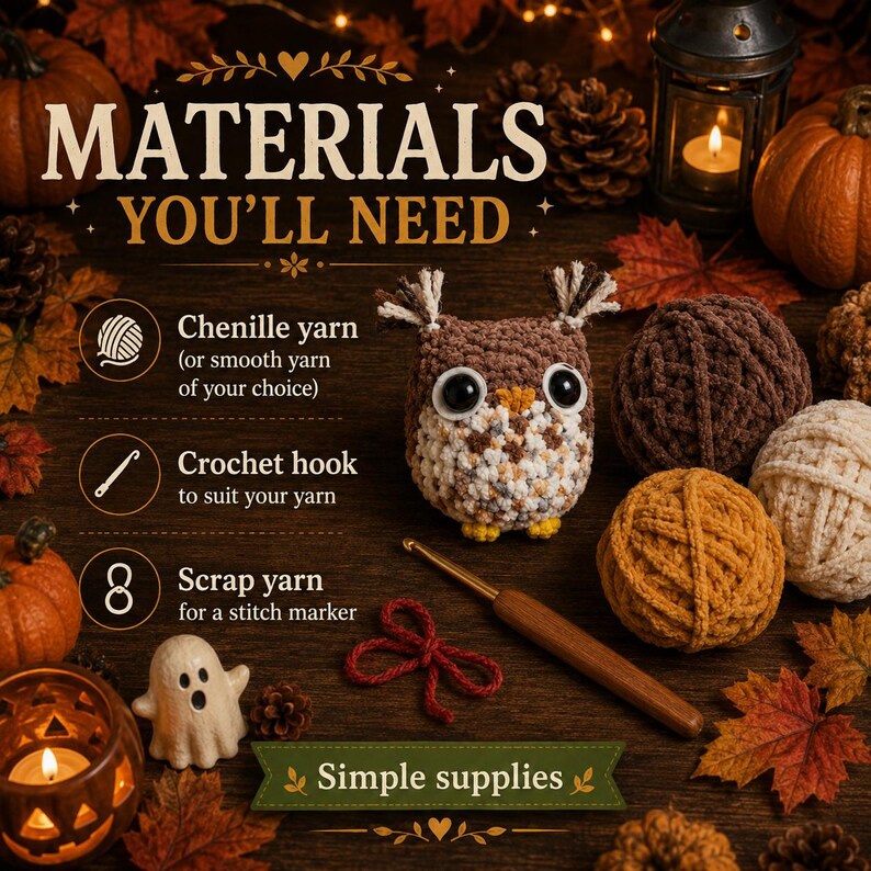 May include: A crochet pattern guide titled MATERIALS YOU'LL NEED featuring a brown and white owl amigurumi, a wooden crochet hook, three balls of chenille yarn in brown, tan, and cream, and red scrap yarn, set against a dark wooden background.