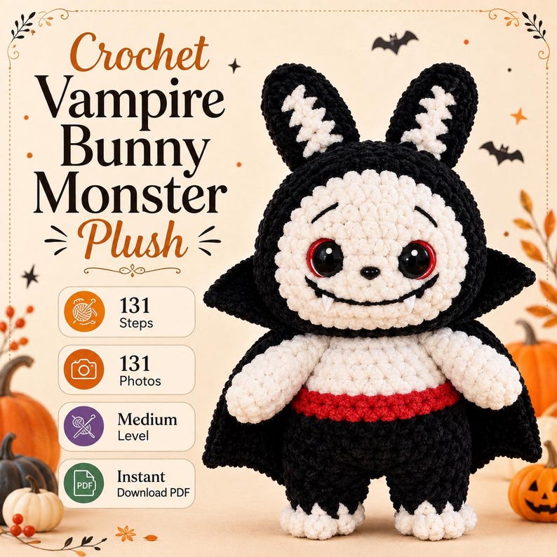 May include: A crochet vampire bunny monster plush featuring a black and white color scheme with red accents around the eyes and waist. The text reads Crochet Vampire Bunny Monster Plush, 131 Steps, 131 Photos, Medium Level, and Instant Download PDF.