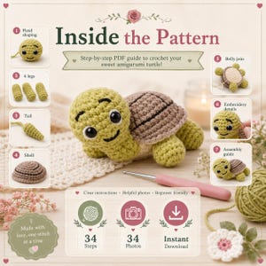 May include: A digital PDF crochet pattern guide titled Inside the Pattern for an amigurumi turtle. The image displays a finished light green and brown crocheted turtle, seven numbered instructional steps, and icons for 34 steps and 34 photos.