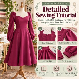 May include: A magenta sweetheart dress on a mannequin with long sleeves and a full skirt. The image includes text: Detailed Sewing Tutorial, Clear, illustrated guidance to help you sew your own Sweetheart Dress, and four numbered steps.