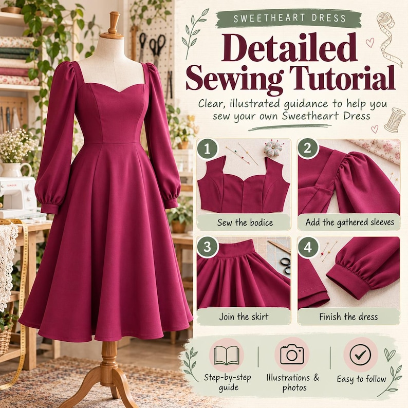 May include: A magenta sweetheart dress on a mannequin with long sleeves and a full skirt. The image includes text: Detailed Sewing Tutorial, Clear, illustrated guidance to help you sew your own Sweetheart Dress, and four numbered steps.