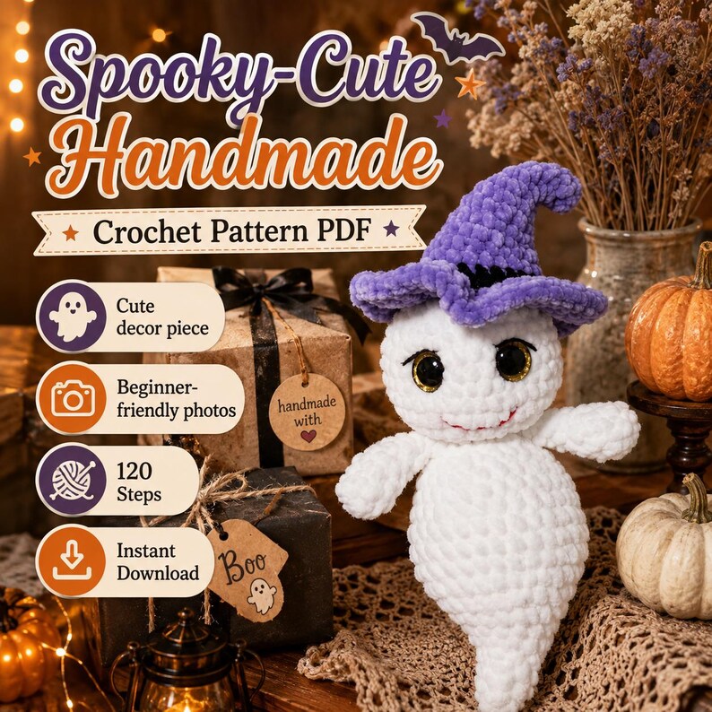 May include: A white crochet ghost plush toy wearing a purple witch hat with large black eyes and a small red mouth. The image includes text: Spooky-Cute Handmade Crochet Pattern PDF, Cute decor piece, Beginner-friendly photos, 120 Steps, Instant Download.