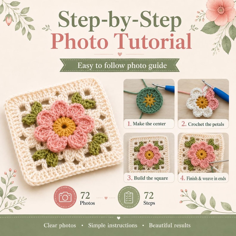 Puede incluir: Un tutorial fotogr&aacute;fico paso a paso para un cuadrado de ganchillo con flor. La gu&iacute;a incluye texto, ilustraciones florales y cuatro im&aacute;genes numeradas que muestran el proceso de creaci&oacute;n del centro, los p&eacute;talos, el cuadrado y los acabados.