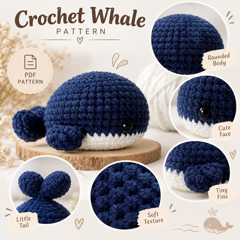 May include: A crochet whale pattern PDF featuring a dark blue and white stuffed whale toy. The image includes circular insets highlighting the rounded body, face with black eyes, tiny fins, little tail, and the soft yarn texture of the whale.