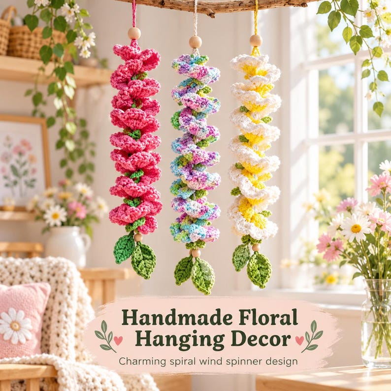 Peut inclure: Trois d&eacute;corations suspendues en crochet avec des motifs floraux en spirale dans des tons rose, pastel multicolore, et jaune et blanc. Chaque pi&egrave;ce comporte une perle en bois en haut et des feuilles en crochet vert en bas.