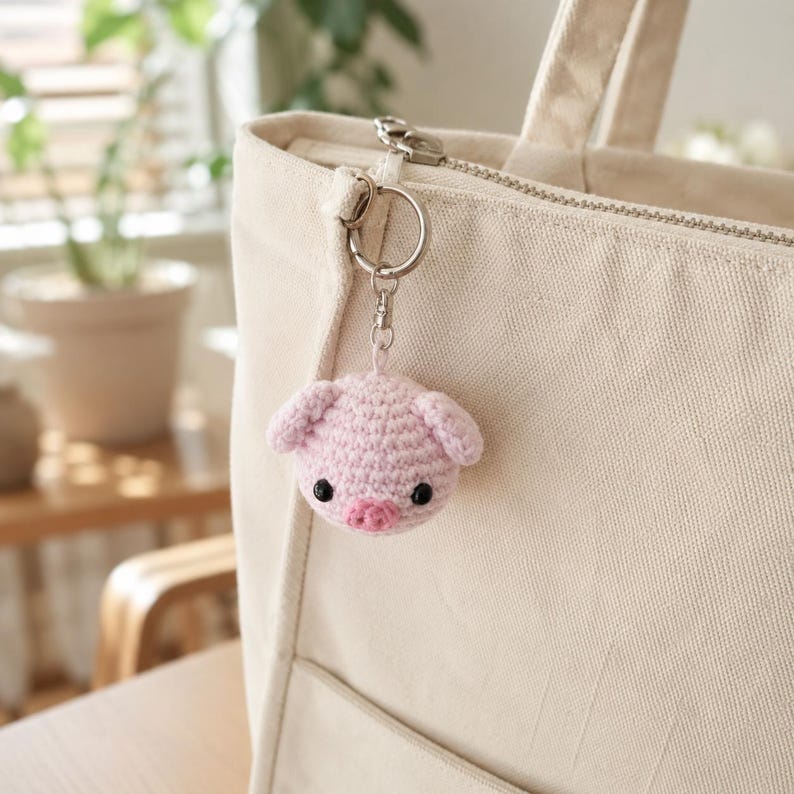 May include: A light beige canvas tote bag with a zipper closure, featuring a small, round, pink crocheted pig keychain attached to the metal ring. The pig has two small ears, two black bead eyes, and a pink snout, all crafted from yarn.