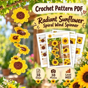 Puede incluir: Un patr&oacute;n de ganchillo en PDF para un molinillo de viento en espiral de girasol radiante. El documento incluye 38 pasos y 38 fotos, con un nivel de dificultad medio. El dise&ntilde;o presenta motivos de girasoles amarillos y marrones.
