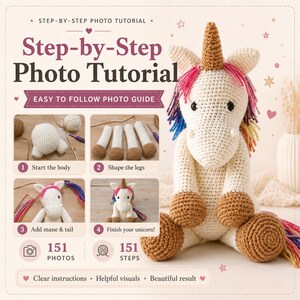 May include: A step-by-step photo tutorial for a crocheted unicorn. The guide features 151 photos and 151 steps, showing the process of creating a cream-colored unicorn with a brown horn, brown hooves, and a multi-colored yarn mane and tail.