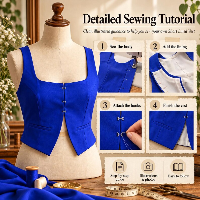 May include: A royal blue vest on a mannequin with a square neckline and three front hook-and-eye closures. The image includes a Detailed Sewing Tutorial with four steps: Sew the body, Add the lining, Attach the hooks, and Finish the vest.