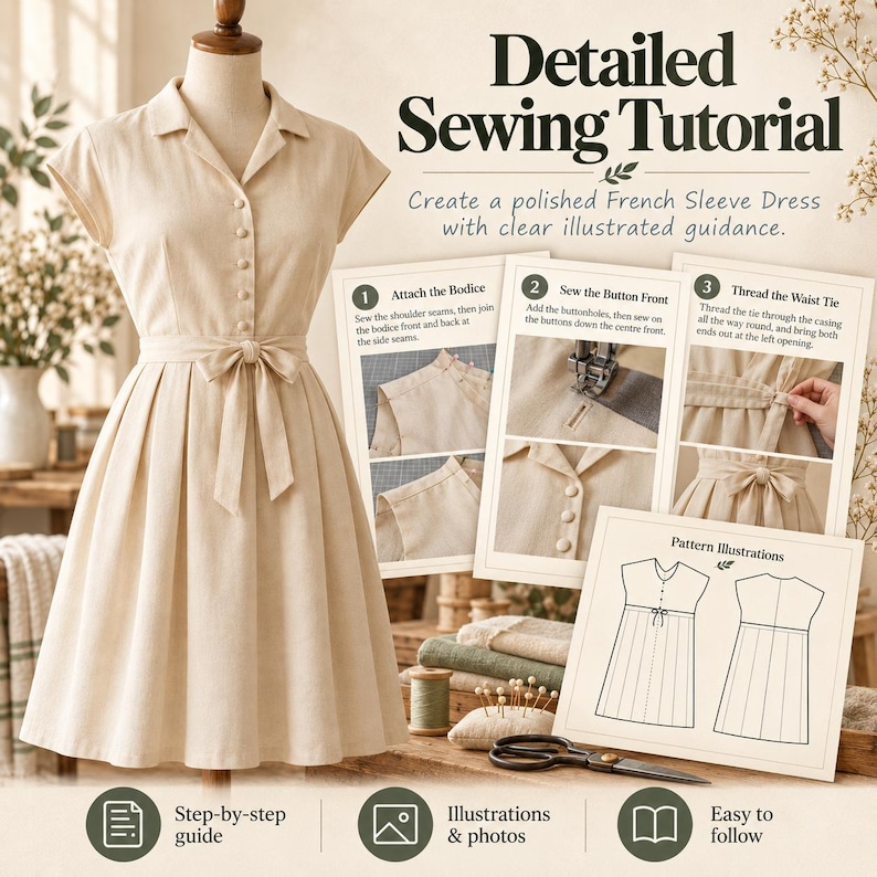 May include: A beige dress with a collared neckline, short sleeves, and a button-down front, displayed on a mannequin. The image includes a detailed sewing tutorial with text, step-by-step instructions, and illustrations for creating the garment.