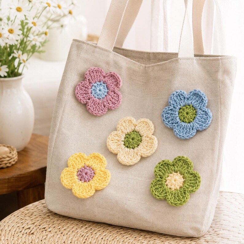 May include: A beige canvas tote bag featuring five crocheted flower appliques in various colors including pink, blue, yellow, and green. The bag has two sturdy white fabric handles attached to the top, providing a simple and functional design.