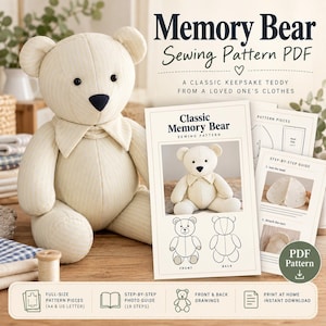 May include: A cream-colored fabric teddy bear with a dark nose and collar, next to a PDF sewing pattern document titled Memory Bear Sewing Pattern PDF, featuring step-by-step guides, pattern pieces, and illustrations for assembly.