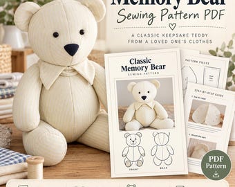 Pode incluir: Um urso de peluche de tecido cor de creme com nariz e colarinho escuros, ao lado de um documento de molde de costura em PDF intitulado Memory Bear Sewing Pattern PDF, com guias passo a passo, peças de molde e ilustrações.