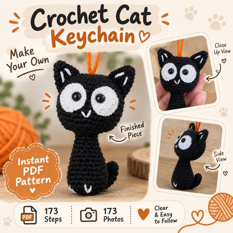 May include: A black crochet cat keychain with large white circular eyes and black pupils. The text reads Crochet Cat Keychain, Make Your Own, Finished Piece, Instant PDF Pattern, 173 Steps, 173 Photos, Close Up View, Side View, Clear & Easy to Follow.