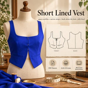 May include: A royal blue short lined vest on a mannequin, featuring a square neckline, narrow straps, and front hook closures. The image includes a technical line drawing of the front and back, plus icons for PDF pattern, A4 and US Letter printing.