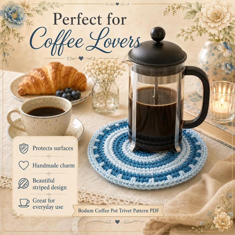 May include: A round, crocheted trivet featuring concentric rings of light blue and dark blue yarn. The trivet sits under a glass French press coffee maker filled with dark coffee. Text on the image reads: Perfect for Coffee Lovers and Bodum Coffee Pot Trivet Pattern PDF.