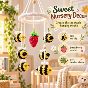 May include: A crochet hanging mobile featuring a central red strawberry and five yellow and black striped bees suspended from a white crocheted ring. The text reads Sweet Nursery Decor, Create this adorable hanging mobile, Bee motifs, Strawberry center, and Soft crochet charm.