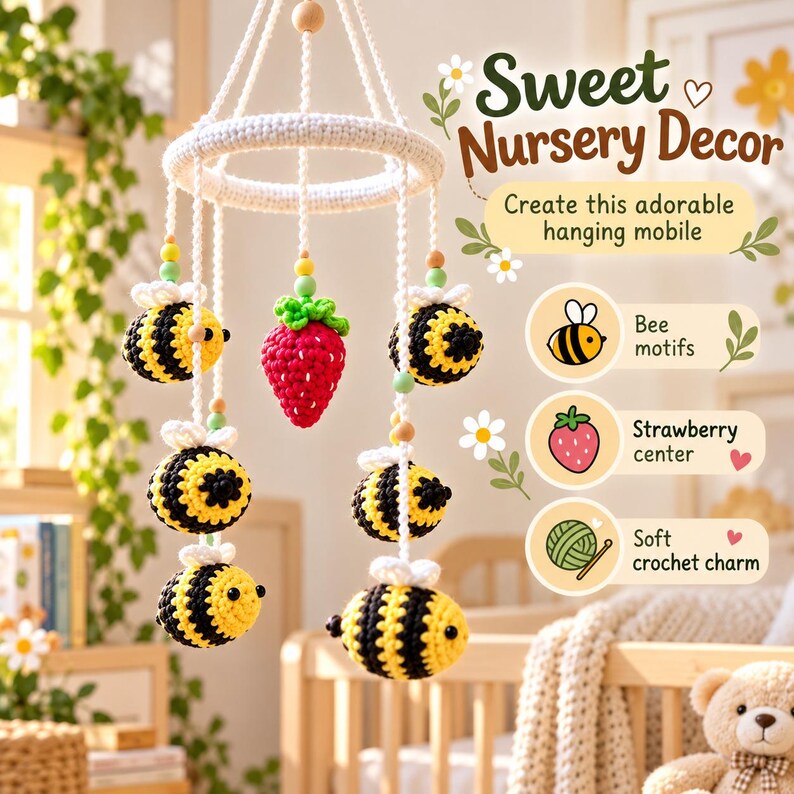 May include: A crochet hanging mobile featuring a central red strawberry and five yellow and black striped bees suspended from a white crocheted ring. The text reads Sweet Nursery Decor, Create this adorable hanging mobile, Bee motifs, Strawberry center, and Soft crochet charm.