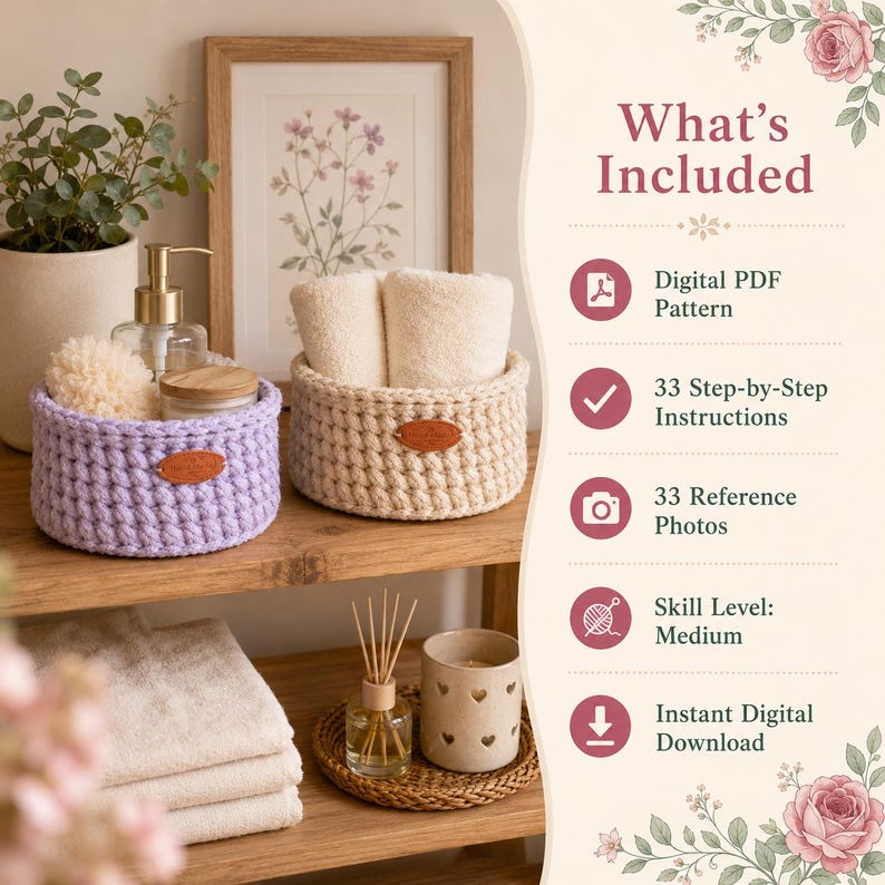 May include: Two round crocheted baskets in lavender and beige, each with a brown leather tag. The image includes text: What's Included, Digital PDF Pattern, 33 Step-by-Step Instructions, 33 Reference Photos, Skill Level: Medium, Instant Digital Download.