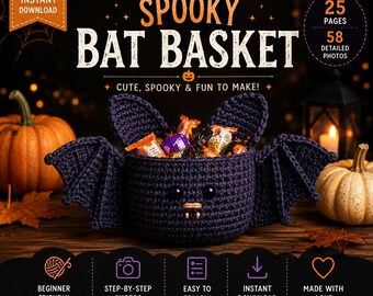 May include: A crochet pattern PDF for a dark purple bat-shaped basket. The text reads SPOOKY BAT BASKET, 25 PAGES, 58 DETAILED PHOTOS, INSTANT DOWNLOAD, CUTE, SPOOKY & FUN TO MAKE, BEGINNER FRIENDLY, STEP-BY-STEP PHOTOS, EASY TO FOLLOW, MADE WITH LOVE.