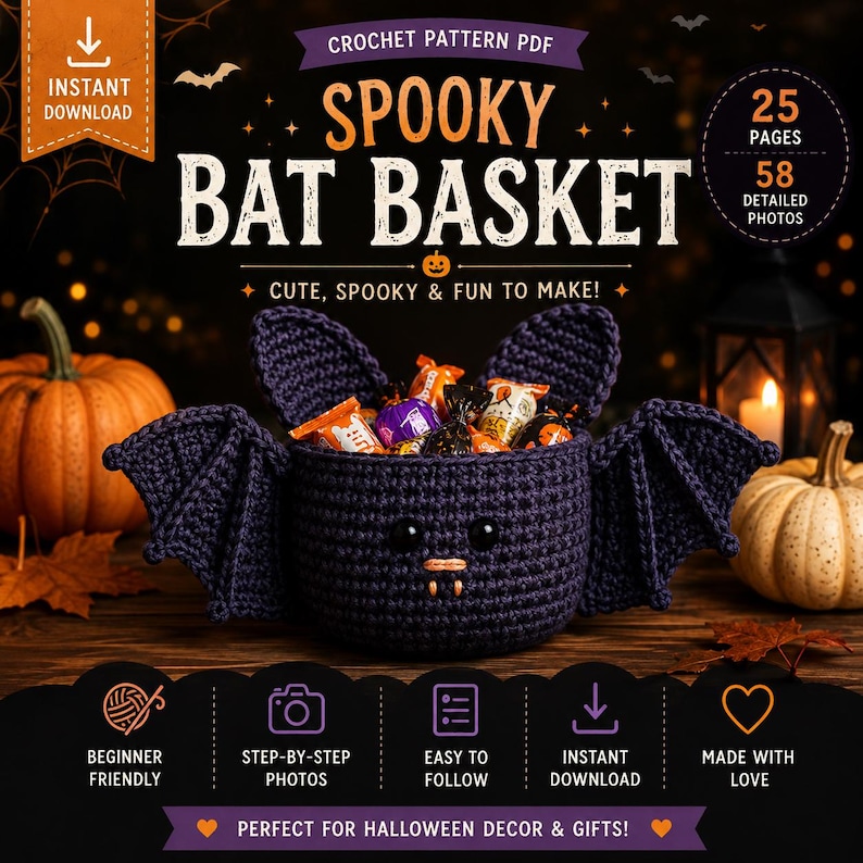 Pu&ograve; includere: Un modello di uncinetto in PDF per un cestino a forma di pipistrello viola scuro. Il testo recita SPOOKY BAT BASKET, 25 PAGES, 58 DETAILED PHOTOS, INSTANT DOWNLOAD, CUTE, SPOOKY & FUN TO MAKE, BEGINNER FRIENDLY, STEP-BY-STEP PHOTOS, EASY TO FOLLOW.