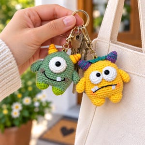 May include: Two crocheted monster keychains attached to a gold-toned metal ring with keys. One monster is green with a single eye, orange horns, and a white tooth. The other is yellow with two eyes, purple horns, and two white teeth.