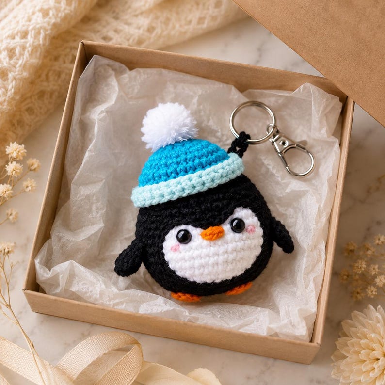 May include: A crocheted penguin keychain featuring a black and white body, orange feet and beak, and a bright blue beanie with a white pom-pom. The penguin has black safety eyes and pink stitched cheeks, attached to a silver metal keyring.