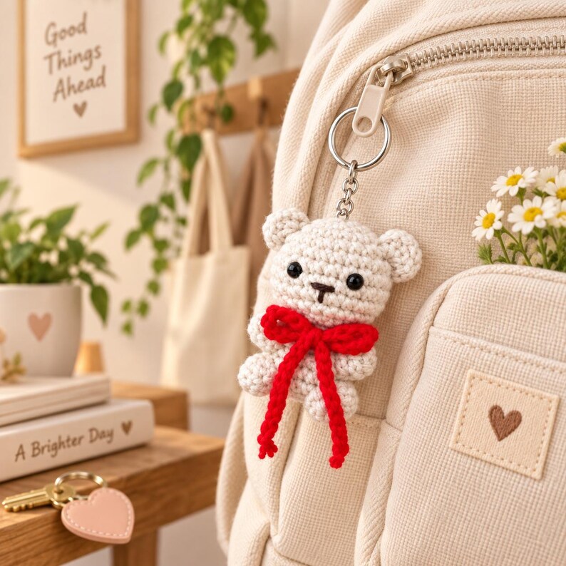 May include: A cream-colored crocheted bear keychain attached to a beige fabric backpack. The bear features black bead eyes, a small stitched nose, and a bright red yarn bow tied around its neck. The backpack has a small square patch with a brown heart.