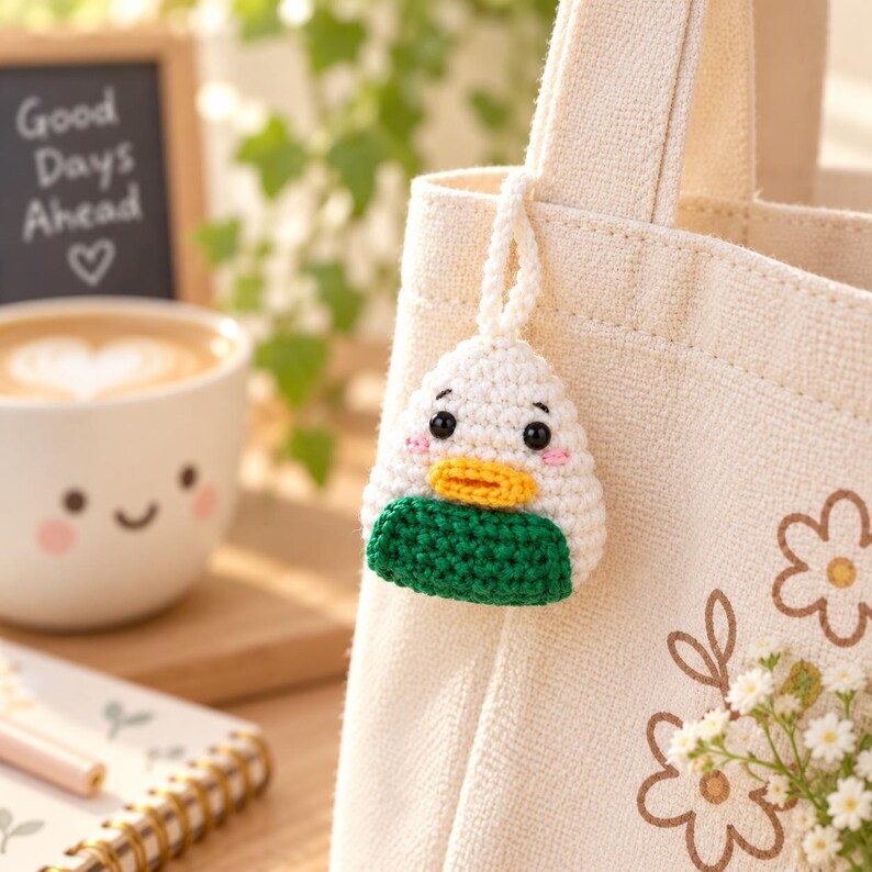 May include: A small, triangular, crocheted charm featuring a white top, a yellow beak, and a green base, hanging from a white cord on a cream-colored canvas tote bag. The charm has black bead eyes and pink stitched cheeks, resembling a rice ball.