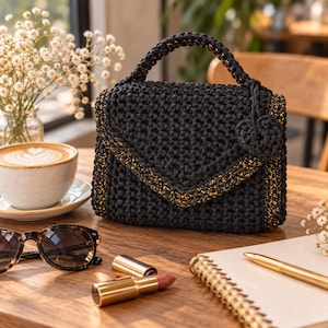 Puede incluir: Un bolso de mano de ganchillo negro con un asa superior estructurada, un cierre de solapa con borde en forma de V y detalles de hilo dorado met&aacute;lico a lo largo del borde. Un peque&ntilde;o dije de ganchillo en forma de coraz&oacute;n cuelga del asa.