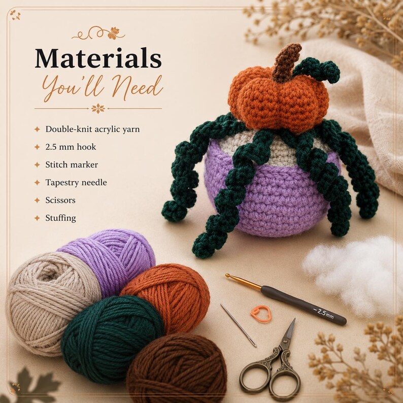 May include: A crochet project featuring a pumpkin with dark green curly vines sitting on a purple base. The image includes text Materials You'll Need, yarn balls in beige, purple, orange, dark green, and brown, a 2.5 mm hook, needle, scissors, and stuffing.