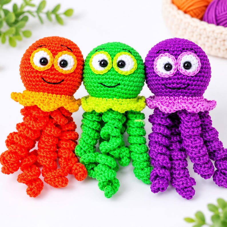 May include: Three crocheted octopus toys in bright orange, green, and purple. Each octopus features a round head, large white eyes with black pupils, a stitched smile, and multiple curly tentacles hanging from a ruffled base.
