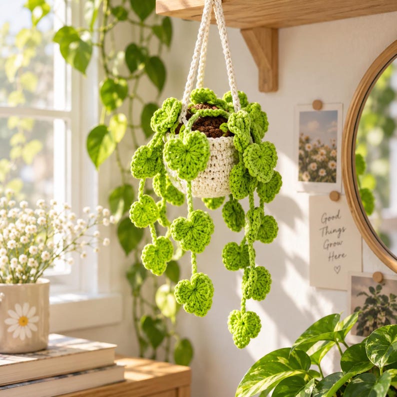 May include: A crocheted hanging plant featuring a cream-colored pot and vibrant green heart-shaped leaves on long trailing vines. The plant is suspended by a thick, braided cream-colored cord, creating a decorative display of handmade fiber art.