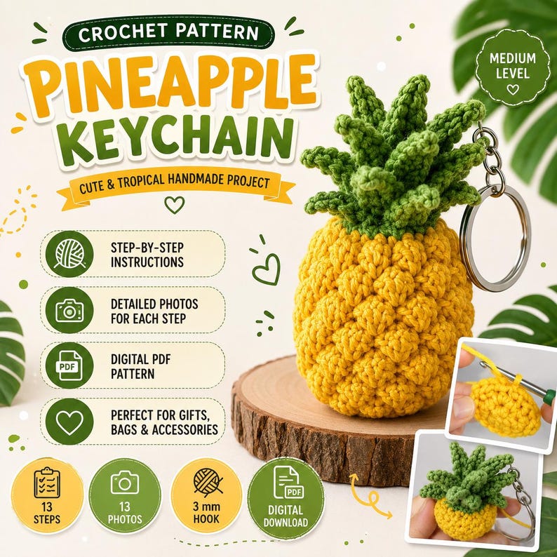 May include: A crochet pattern for a pineapple keychain featuring text that reads CROCHET PATTERN PINEAPPLE KEYCHAIN, CUTE & TROPICAL HANDMADE PROJECT, MEDIUM LEVEL, 13 STEPS, 13 PHOTOS, 3 mm HOOK, and DIGITAL DOWNLOAD. Includes a yellow and green pineapple.