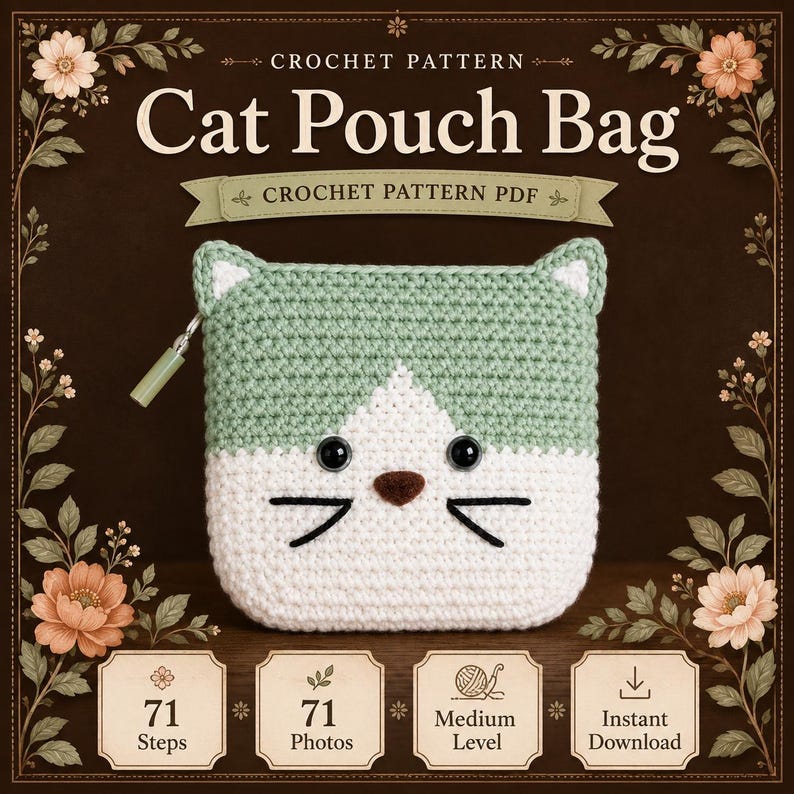 May include: A crochet pattern PDF for a cat pouch bag featuring a sage green and white square pouch with cat ears, black plastic eyes, a brown nose, and embroidered whiskers. The design includes a zipper pull and text reading Cat Pouch Bag.