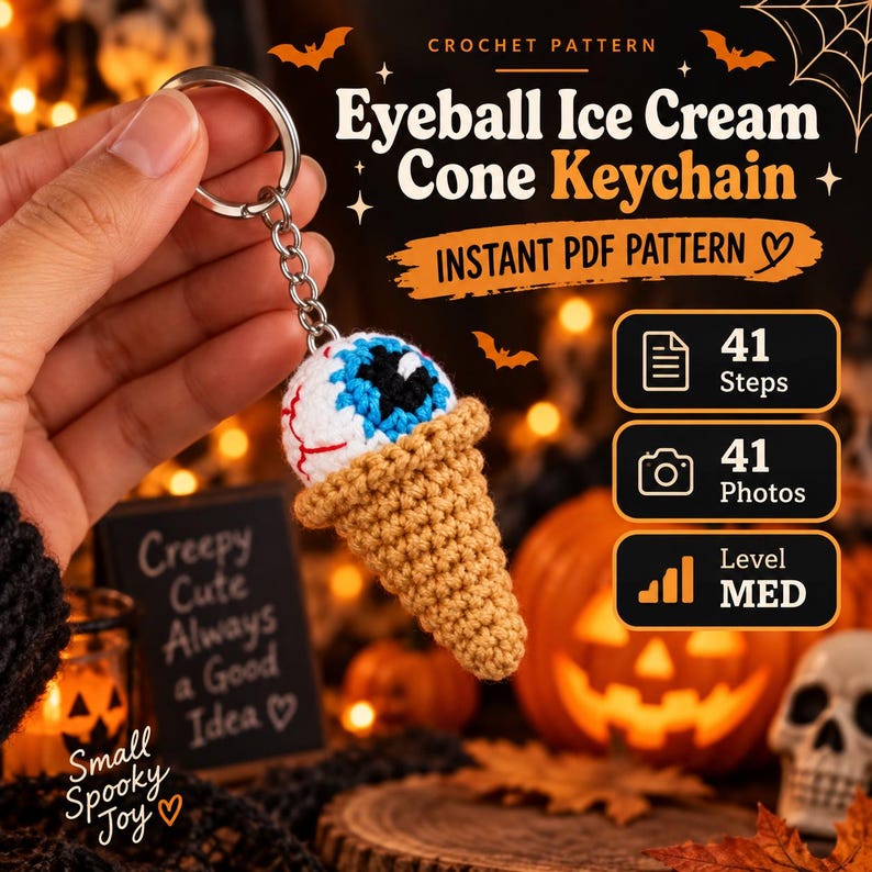 May include: A crochet pattern for an eyeball ice cream cone keychain. The pattern includes 41 steps, 41 photos, and is rated at a medium difficulty level. The text on the image reads Eyeball Ice Cream Cone Keychain, Instant PDF Pattern.