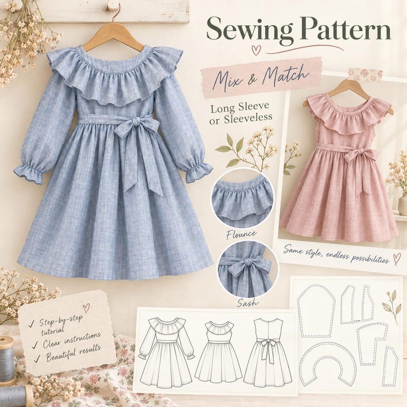 May include: A sewing pattern for a dress featuring a ruffled collar, long sleeves with ruffled cuffs, and a waist sash. The display includes a blue dress, a pink sleeveless dress, technical line drawings, and text reading Sewing Pattern.