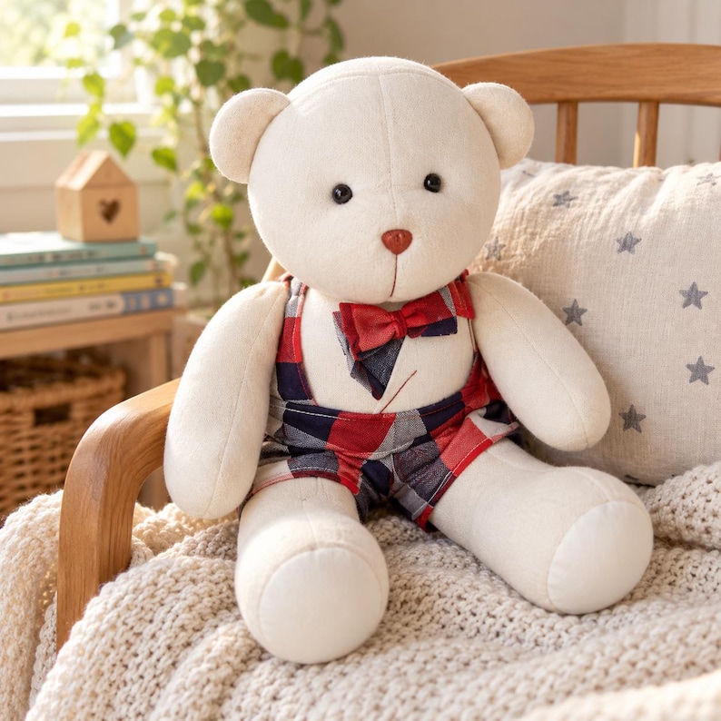 May include: A cream-colored plush teddy bear featuring black button eyes and a brown nose. The bear is wearing red and navy blue plaid overalls with matching suspenders and a small bow tie attached at the neckline, seated upright.