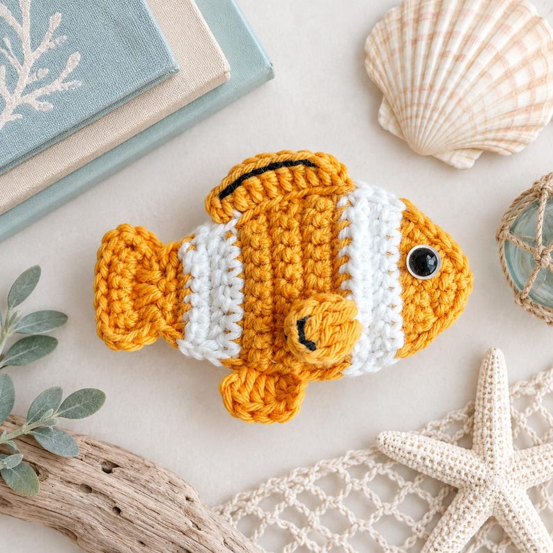 May include: A crocheted clownfish toy featuring vibrant orange and white horizontal stripes, a textured yarn finish, and a single black plastic bead eye. The fish has a rounded body shape with defined fins and a tail, crafted with detailed stitching.