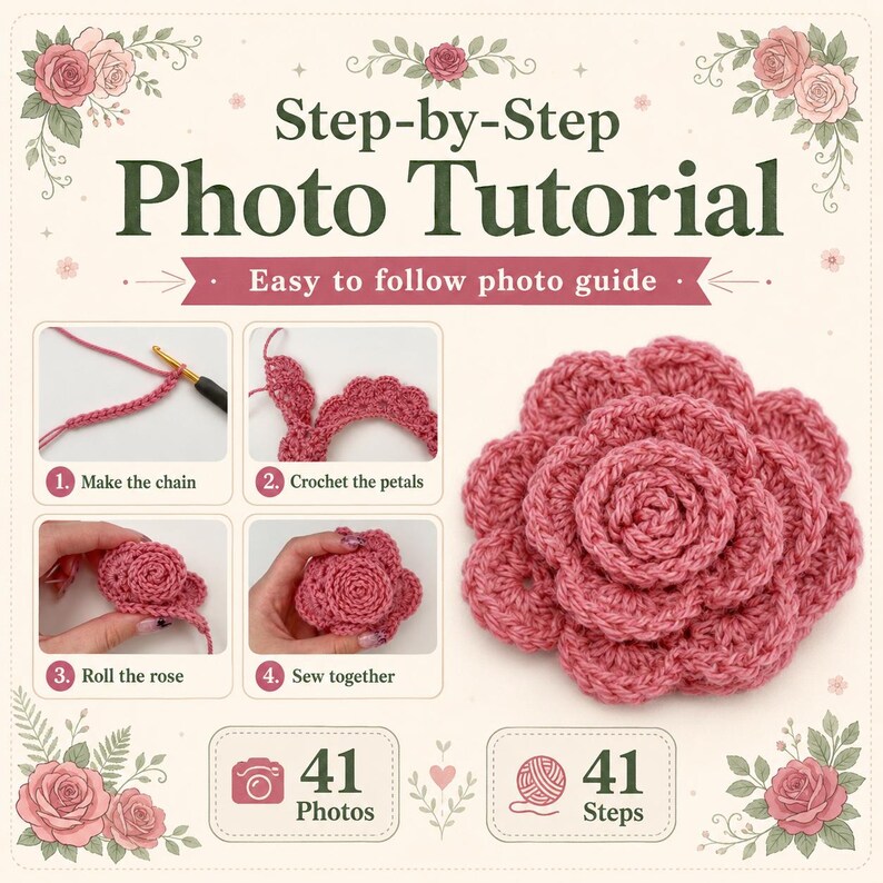 May include: A step-by-step photo tutorial for crocheting a dusty pink rose. The guide features four instructional images showing the process of making the chain, crocheting petals, rolling the rose, and sewing it together, with 41 photos and 41 steps.