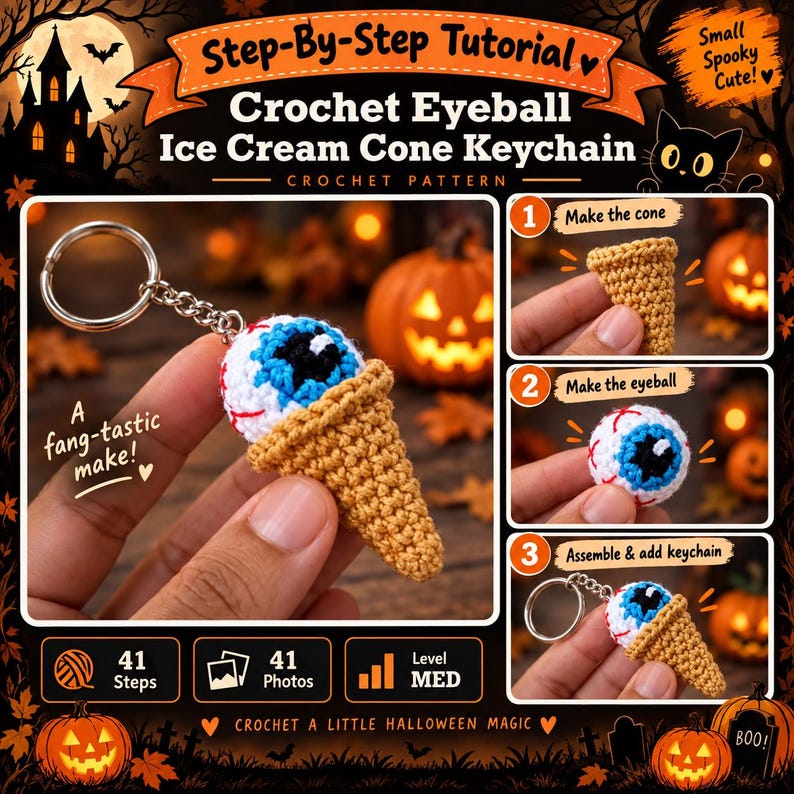 May include: A crochet pattern tutorial for an eyeball ice cream cone keychain. The document features step-by-step instructions, including making the cone, creating the eyeball, and assembly. It includes 41 steps, 41 photos, and a medium difficulty level.