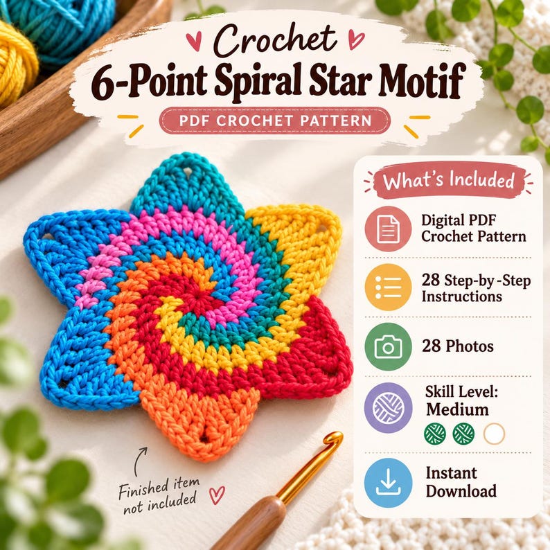 May include: A digital PDF crochet pattern for a 6-point spiral star motif. The image displays a colorful crocheted star with red, orange, yellow, pink, and blue yarn. Text includes 'Crochet 6-Point Spiral Star Motif' and 'What's Included'.