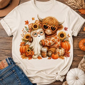 Peut inclure: Un t-shirt couleur crème avec une illustration d'une vache highland poilue portant un pull à motifs de citrouilles et des lunettes orange en forme de cœur, serrant un fantôme blanc avec un nœud à carreaux, entouré de tournesols et de citrouilles.