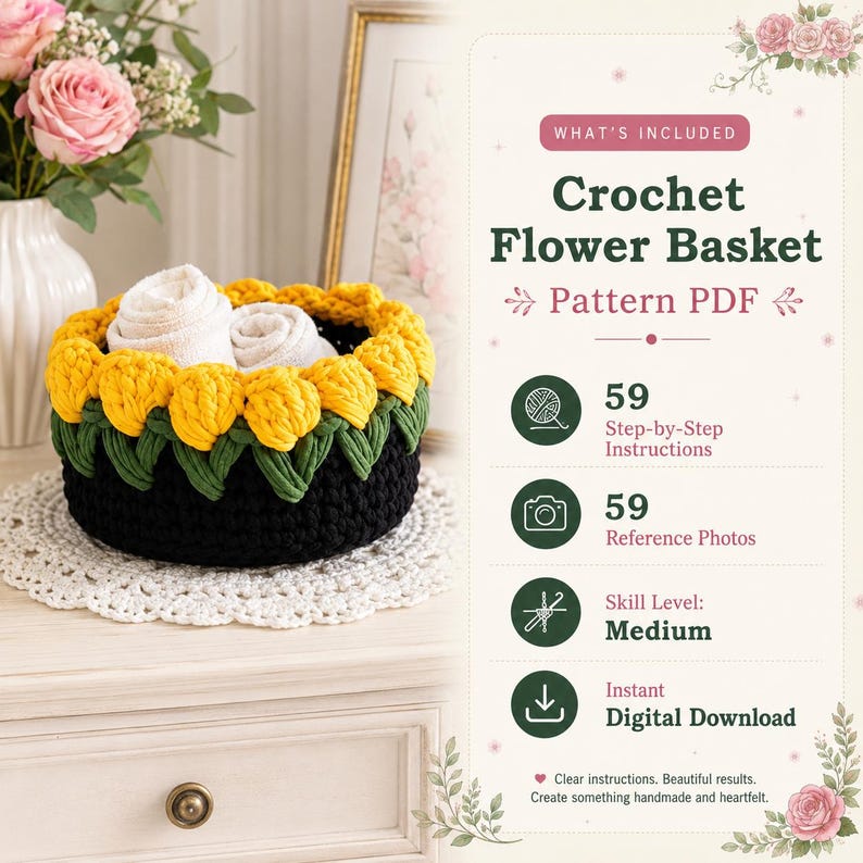 May include: A crochet flower basket pattern PDF featuring text that reads: What's Included, Crochet Flower Basket Pattern PDF, 59 Step-by-Step Instructions, 59 Reference Photos, Skill Level: Medium, and Instant Digital Download. The basket is black.