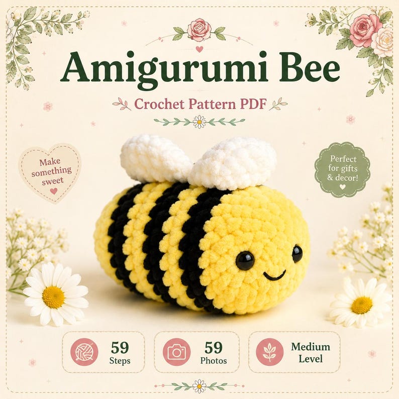 Puede incluir: Un patr&oacute;n de ganchillo en PDF para una abeja Amigurumi. La imagen muestra una abeja de peluche con rayas amarillas y negras, alas blancas y ojos negros. El texto incluye 'Amigurumi Bee', 'Crochet Pattern PDF', '59 Steps', '59 Photos' y 'Medium Level'.