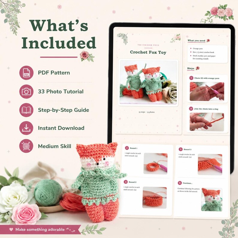 Puede incluir: Un patr&oacute;n de ganchillo digital para un juguete de zorro, que incluye un mu&ntilde;eco de zorro naranja y verde, una tableta con instrucciones paso a paso, 33 tutoriales fotogr&aacute;ficos y una gu&iacute;a en PDF. El texto incluye What's Included y Crochet Fox Toy.