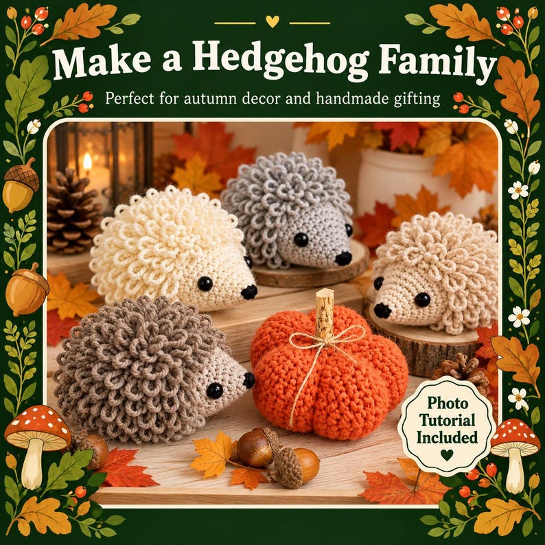 May include: A crochet pattern guide titled Make a Hedgehog Family featuring three handmade yarn hedgehogs in cream, gray, and brown, alongside a crocheted orange pumpkin. The image includes text stating Photo Tutorial Included.