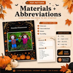 May include: A digital PDF crochet pattern for a scarecrow, featuring a black cover with pumpkin illustrations and a photo of two crocheted scarecrows. The document lists materials like cotton yarn and a 5 mm crochet hook, plus abbreviations.